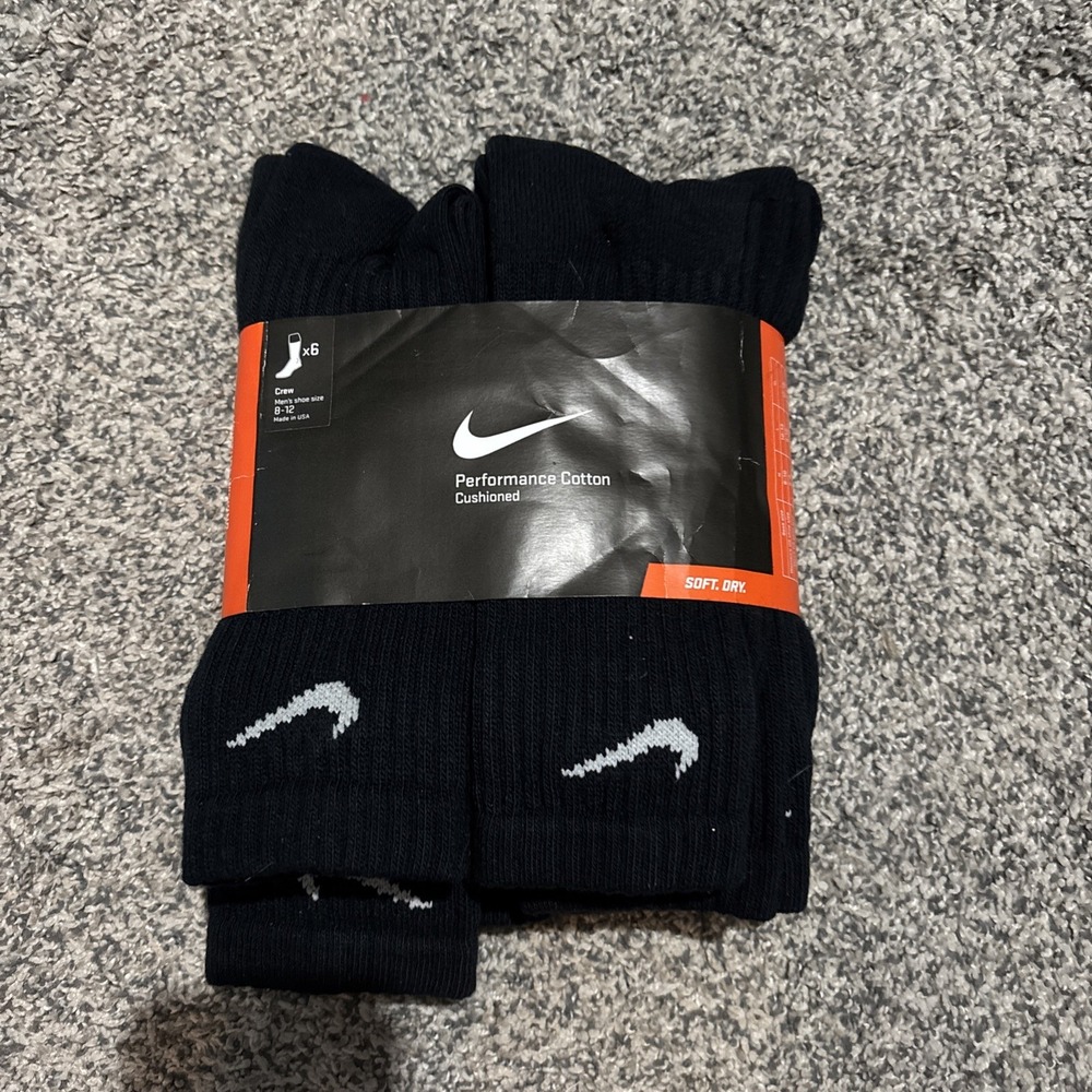 Nike Crew Socks 6 Pack Mens Large Performance Cotton Cushioned Dri-Fit Black New